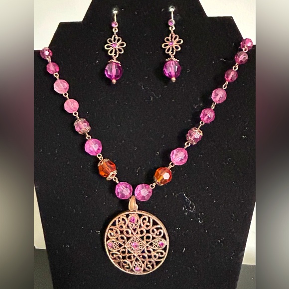 1928 2-piece statement necklace and dangle earrings set in pink crystal - Picture 1 of 8